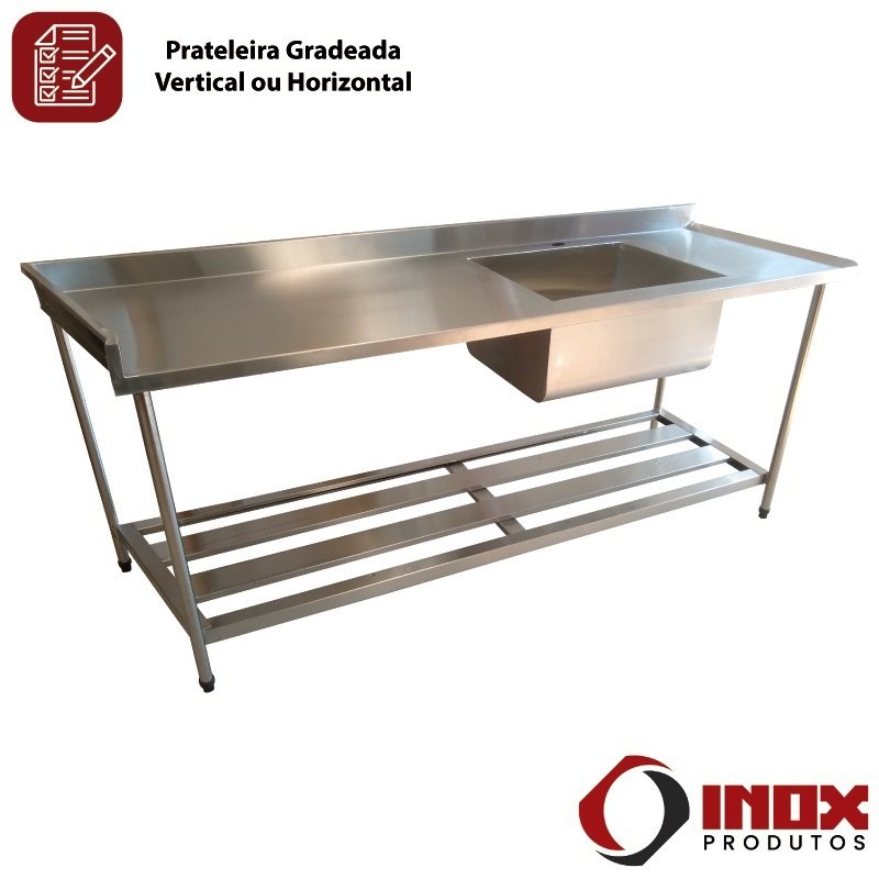 Pia Inox com Prateleira Gradeada e 1 Cuba - Modelo 05 - Inox 430 - 290x70x90 Cm - Cuba 60x50x30 Cm - 5