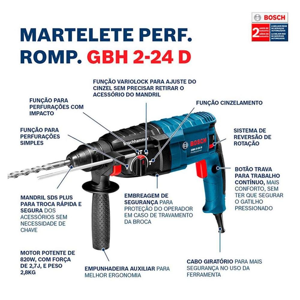 Martelete Perfurador Bosch Gbh 2-24 D 820w com Maleta 220v - 2