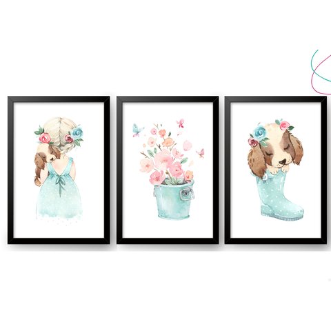 Quadro Decoração Quarto de Menina Aquarela Cachorrinho:preta