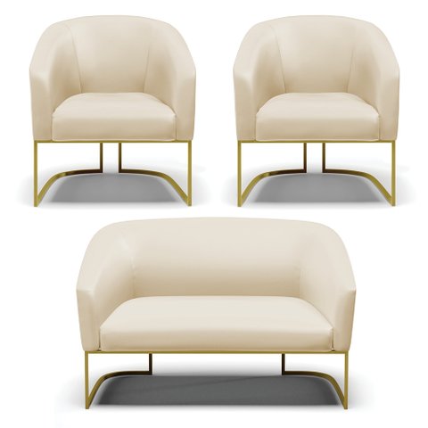 Sofá Namoradeira e 2 Poltronas Base Industrial Dourado Stella Corino Bege D03 - D'Rossi