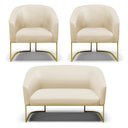 Ver imagem 1 de Sofá Namoradeira e 2 Poltronas Base Industrial Dourado Stella Corino Bege D03 - D'Rossi