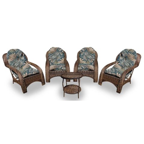 Conjunto de Poltronas Fibra Sintética Espreguiçadeira - 4 Poltronas + 1 Mesa Centro - Tecido Palmare
