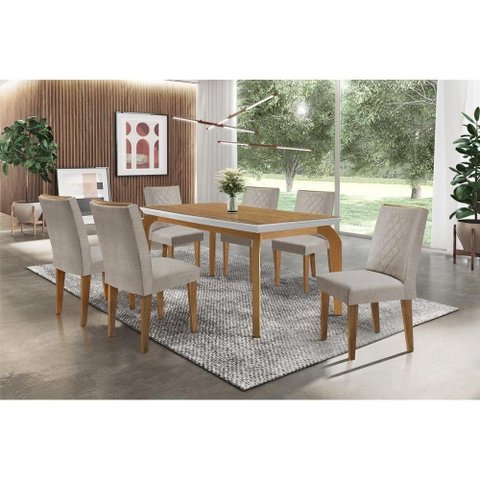 Conjunto: Mesa Sala Jantar Londrina Tampo Madeirado c/ Vidro 180cm + 6 Cadeiras Jade Imbuia/Bege -