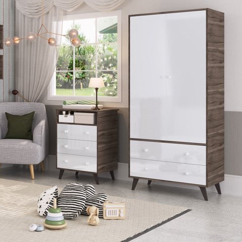 Quarto de Bebê Completo Guarda Roupa 2 Portas 2 Gavetas com Cômoda 3 Gavetas 1 Nicho Nuvem Marrom/Carvalho/Branco