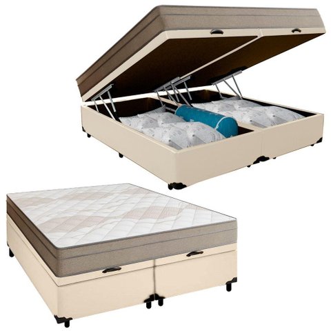 Cama Box Baú Casal Bipartido Sintético + Colchão de Molas Ensacadas Portobel Ipanema 138x188x66cm