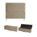 Ver imagem 1 de Kit Estrela Cabeceira De Cama Box e Calçadeira Baú Pés Palito Botão Cristal Casal 140 Cm Suede Bege