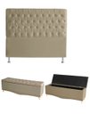 Ver imagem 1 de Kit Estrela Cabeceira De Cama Box e Calçadeira Baú Pés Palito Botão Cristal Casal 140 Cm Suede Bege
