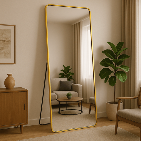 Espelho Grande Retangular Corpo Inteiro Moldura Dourada 170x70 Cm Suporte de Chão Designer Moderno