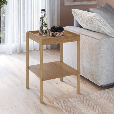 Mesa Lateral Quadrada com Prateleira 43cm x 58cm Pé Madeira Artesano Oslo Marrom Hanover