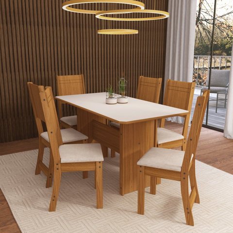 Conjunto de Sala de Jantar 1 Mesa Tampo Retangular MDF 6 Cadeiras Atenas Laranja/Freijó/Off White/Linho