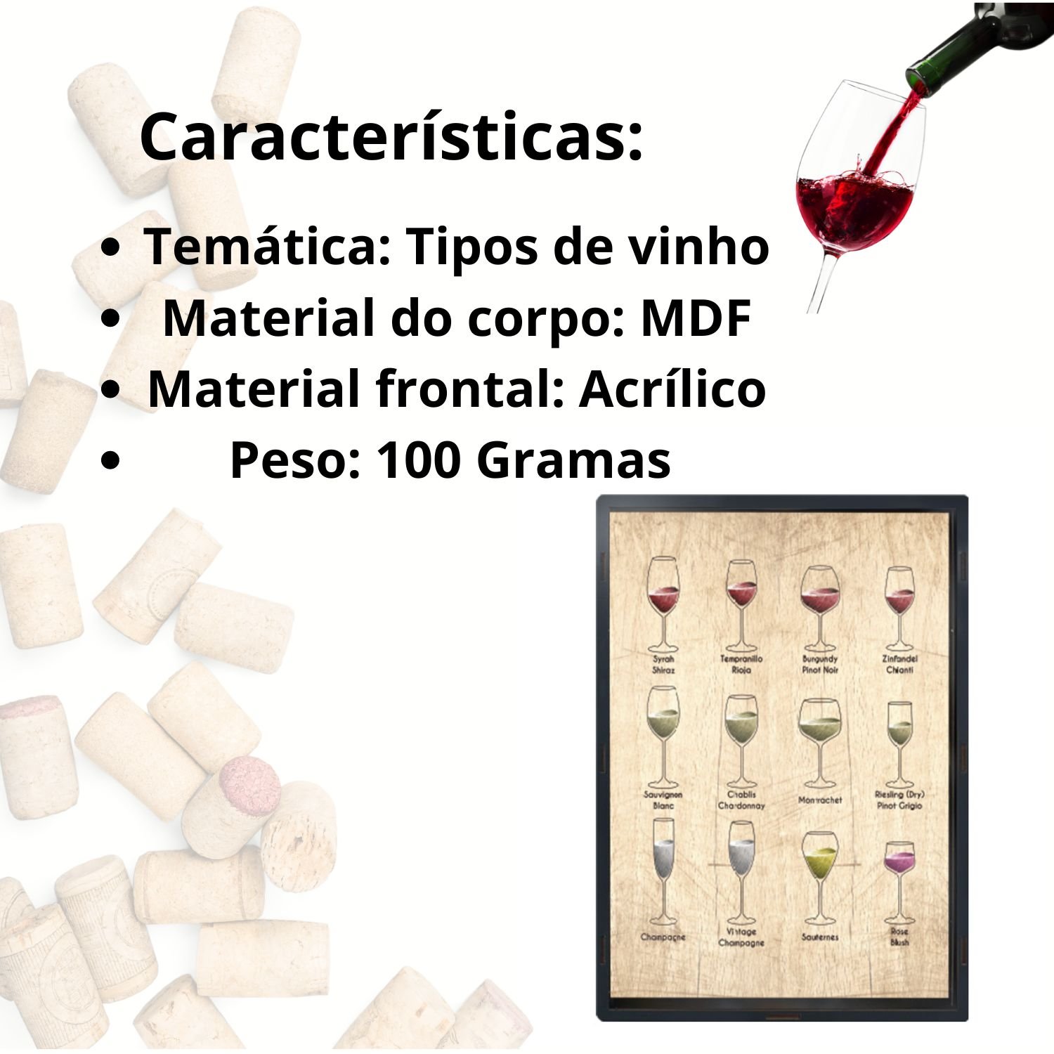 Quadro Porta Rolhas Vinho em Mdf Tipos de Vinho Colecionável:tabaco - 4