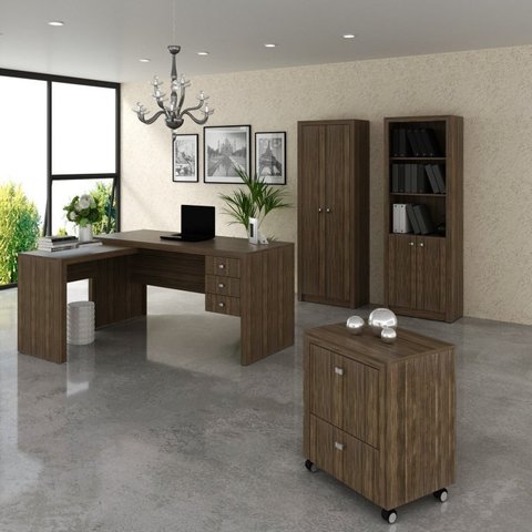 Conjunto 4 Peças com Escrivaninha em L, Gaveteiro, Armário Multiuso Alto e Estante Livreiro