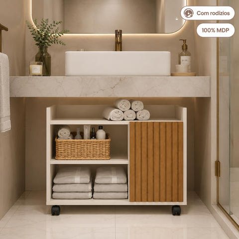 Gabinete Banheiro com Rodinhas 60cm MDP Porta Madeira 2 Nichos
