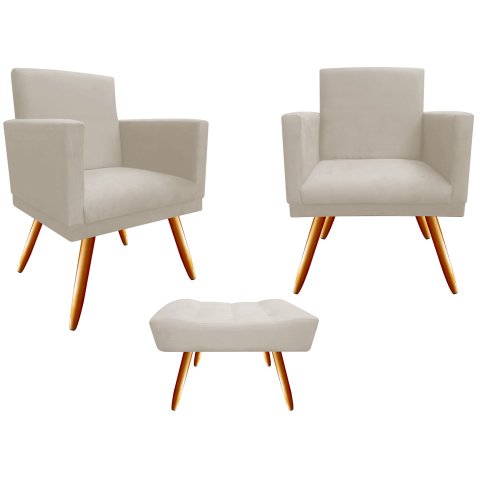 Kit 2 Poltronas Decorativa Bia + Puff Retangular Suede Bege Pés Madeira Ms Decor
