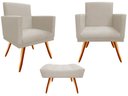 Ver imagem 1 de Kit 2 Poltronas Decorativa Bia + Puff Retangular Suede Bege Pés Madeira Ms Decor