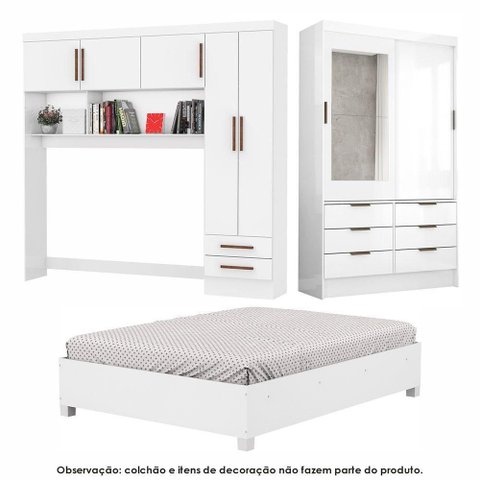 Guarda Roupa Sevilha com Espelho e Cama Casal Carioca Móveis Branco