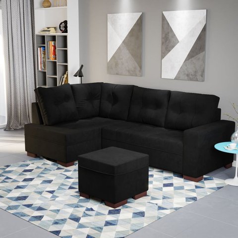 Sofá de Canto com Puff 6 Lugares 238cm Gávea Preto