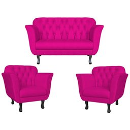 Kit Namoradeira + 2 Poltronas Decorativa Couro Rosa Pink Pés Madeira Mz Decor - 1