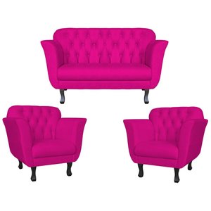 Kit Namoradeira + 2 Poltronas Decorativa Couro Rosa Pink Pés Madeira Mz Decor