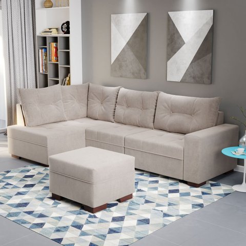 Sofá de Canto com Puff 7 Lugares 238cm Gloria