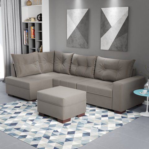 Sofá de Canto Estilo Industrial com Puff 7 Lugares Suede Cinza Gávea 266cm