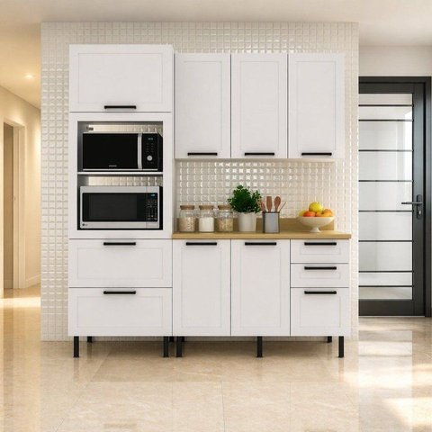 Cozinha Compacta 4 Peças Torre Quente e Balcão com Tampo TM4321 MDF Grazi Branco/Carvalho Tropical