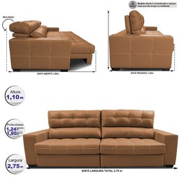 Sofá de Couro Legítimo Retrátil e Reclinável 2,75m Molas Ensacadas Cama Inbox Majesty Mel - 2