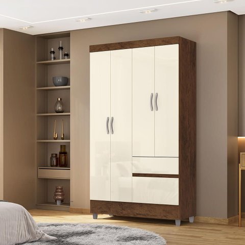 Guarda Roupa Ideal 4 Portas para Quartos Pequenos e Compactos:imbuia Champanhe