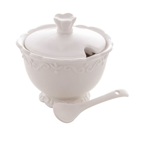 Açucareiro Porcelana com Tampa e Colher Alto Relevo Branco 10,5x9,5