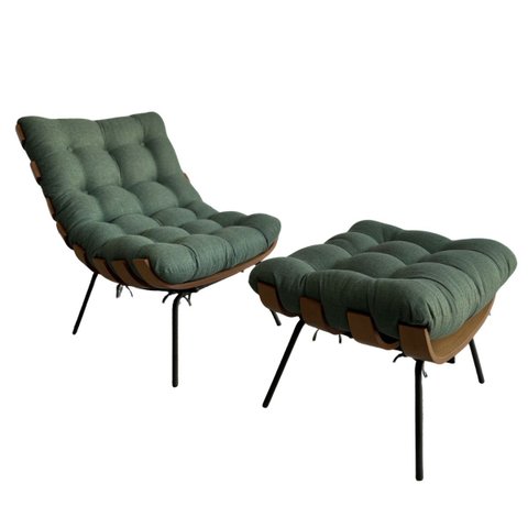 Poltrona Costela Linho Verde Estofada Adao com Puff Luxo