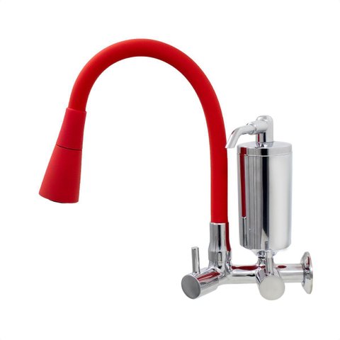 Torneira de Cozinha Vermelho Gourmet Parede Inox Filtro Cromado Flexível bico Arejador Duplo Jato