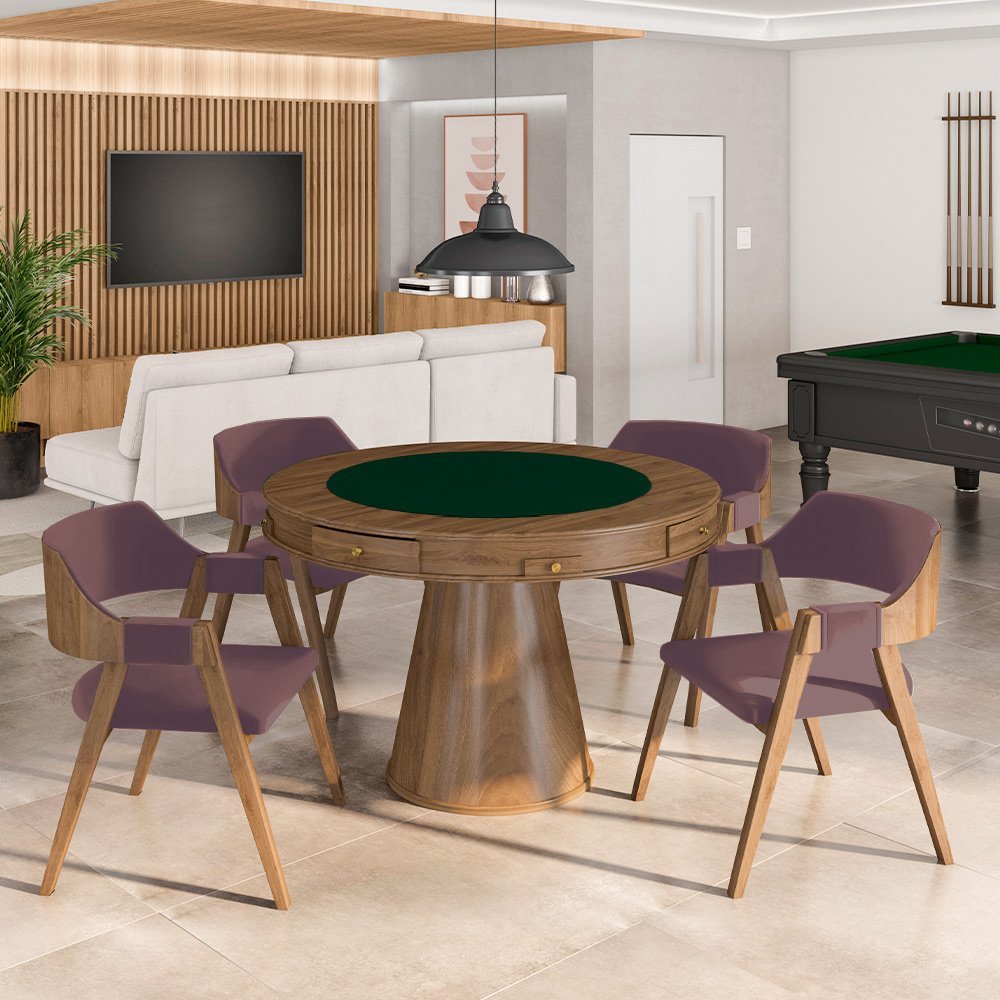 Conjunto Mesa de Jogos Carteado Bellagio Tampo Reversível e 4 Cadeiras Madeira Poker Base Cone Velud - 1