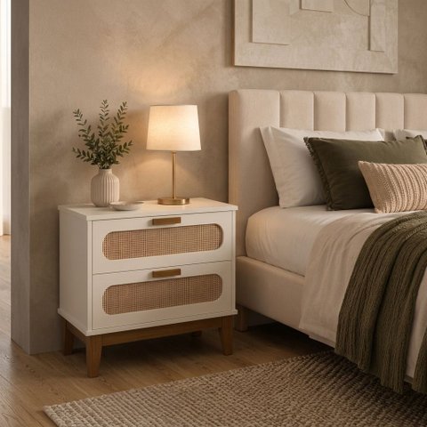Mesa de Cabeceira para Quarto Santorini 60cm Grande com 2 Gavetas com Telinha Elegantes Off White