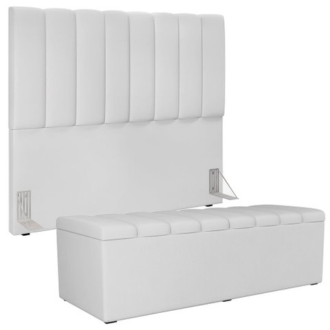 Kit Cabeceira Cama Box Casal 140cm com Calçadeira Recamier Baú Dália W01 Facto Branco - Lyam