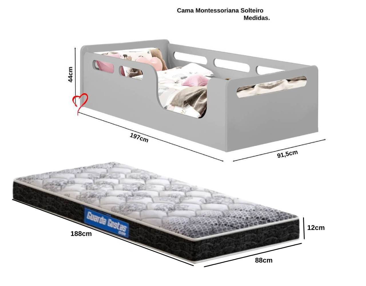 Cama Montessori Solteiro MDF com Colchão cor: Cinza - 3