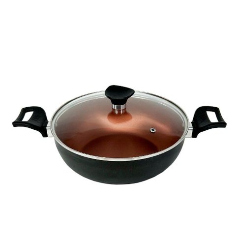 Panela Frigideira Caçarola Tampa de Vidro Wok 24 Cm Antiaderente Alumínio - Cobre