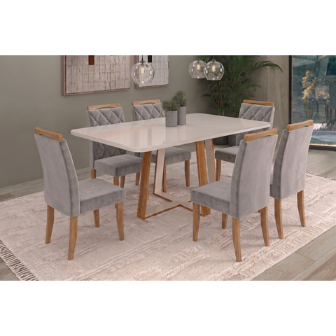 Sala de Jantar Dallas 160cm c/Vidro com 6 Cadeiras Madeira Maciça Bali Cinamomo/Off Veludo Prata