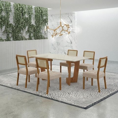 Mesa de Jantar Liz 160x80cm Vidro 25mm Cinamomo Off White com Kit 6 Cadeiras Linho Bege - Valdemó