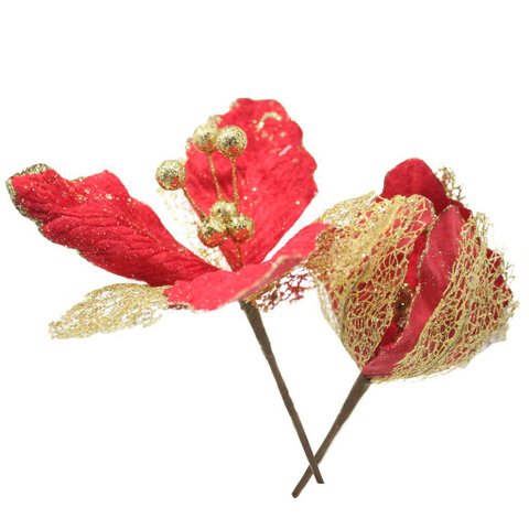 Kit 12 Flores com Cabo Artificial Decoração de Natal com Glitter 27cm