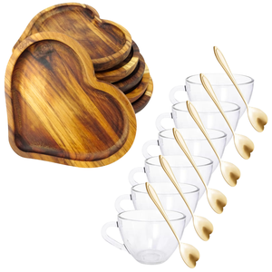 Conjunto de Pires de Madeira Xícara e Colher para Mesa Posta