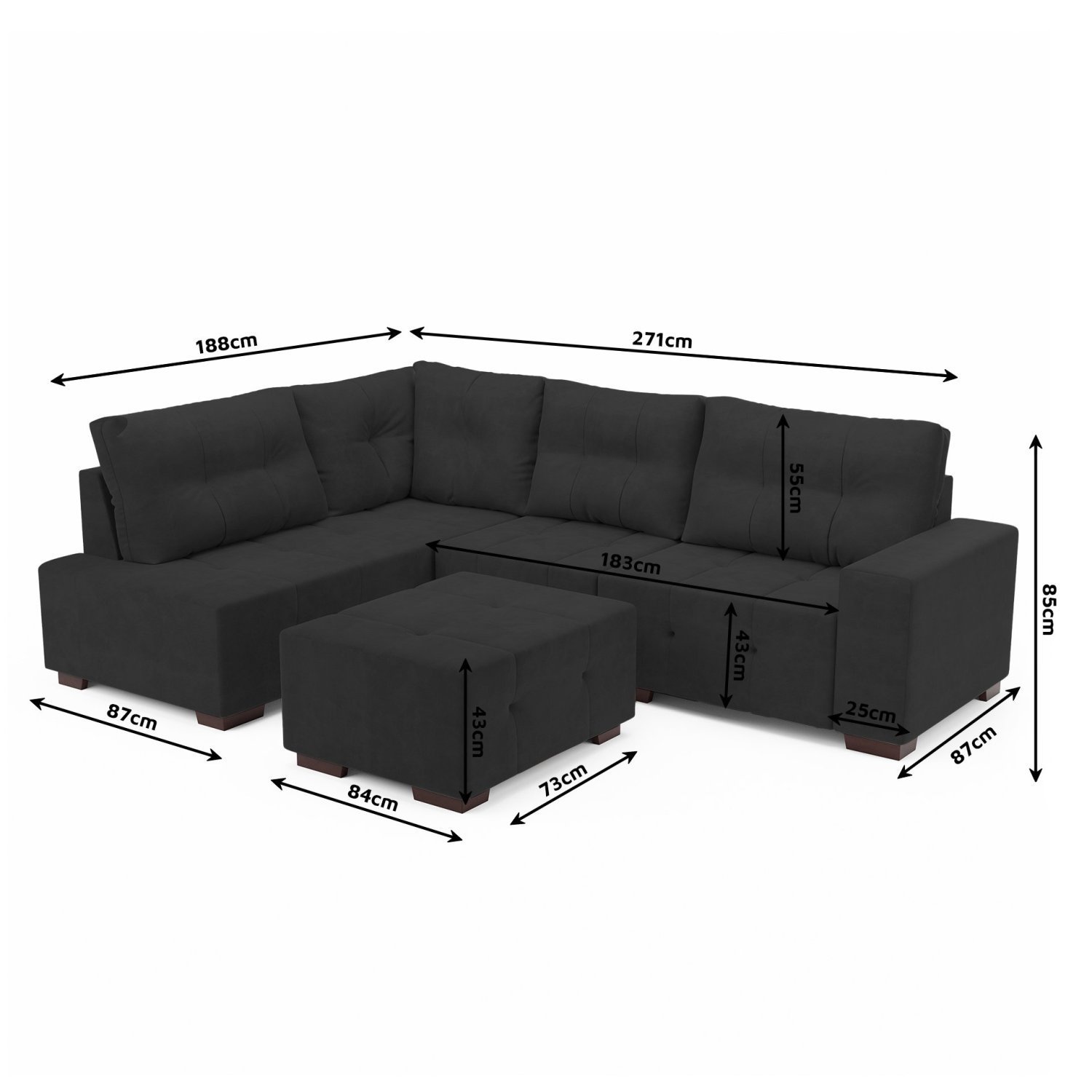 Sofá de Canto com Puff 8 Lugares 271cm Ipanema Montreal MadeiraMadeira