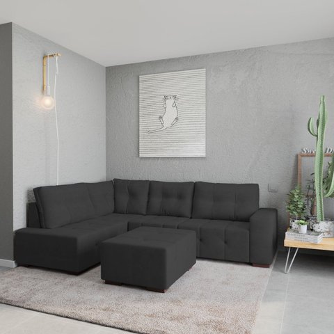 Sofá de Canto 8 Lugares com Chaise 2,71m Industrial Suede Ipanema Cinza