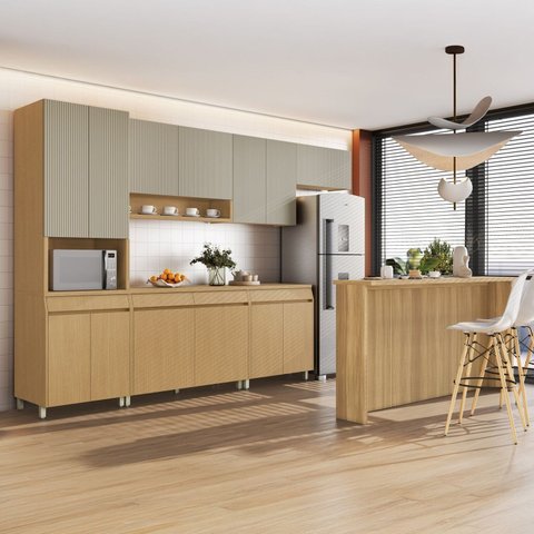 Cozinha Completa Modulada 7 Peças com Ilha Simone Mendes Marrom/Carvalho/Greige