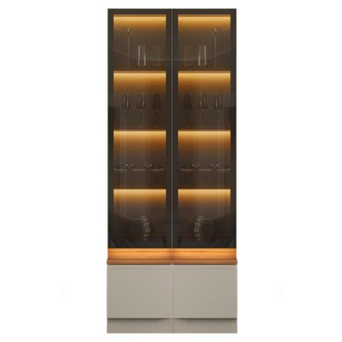 Kit 2 Cristaleiras com LED 1 Porta de Vidro 3 Prateleiras Magnata Canela/Gris