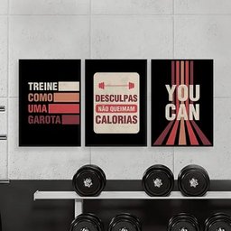 Kit 3 Quadros Academia Feminino Treine como Uma Garota 24x18cm:madeira Preta - 2