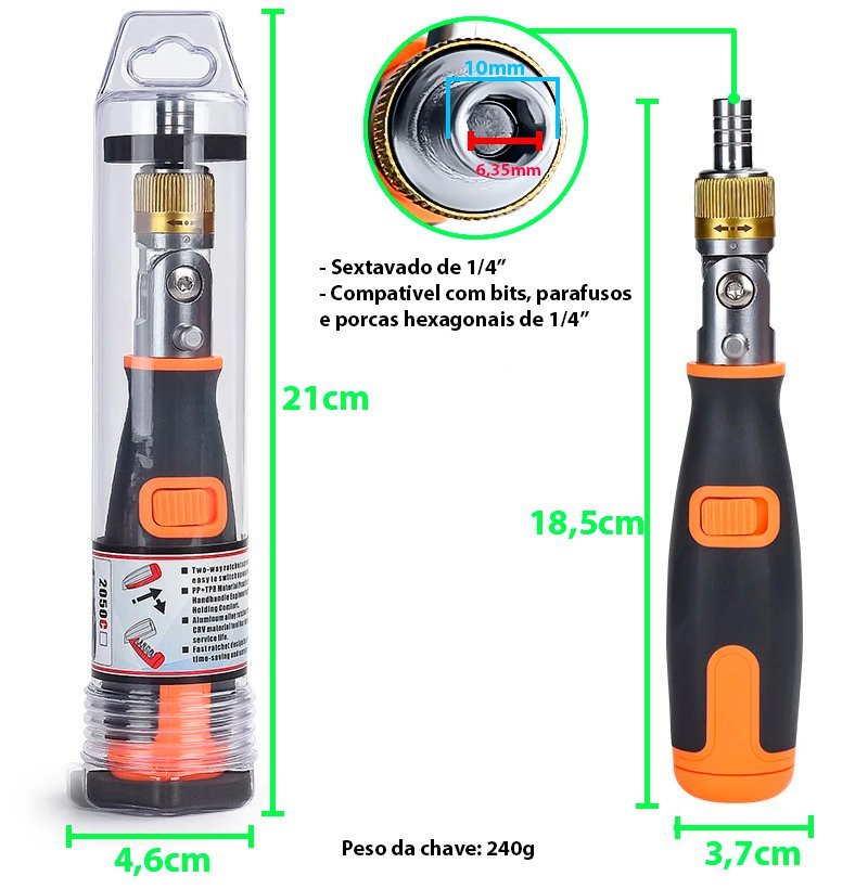 Chave Catraca Reversível Dobrável Com Encaixe 1/4" Magnetico Bits Fenda Philips Torx Hex - 6