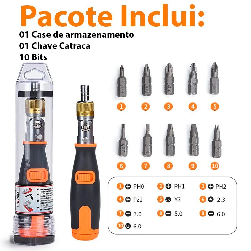 Chave Catraca Reversível Dobrável Com Encaixe 1/4" Magnetico Bits Fenda Philips Torx Hex - 8