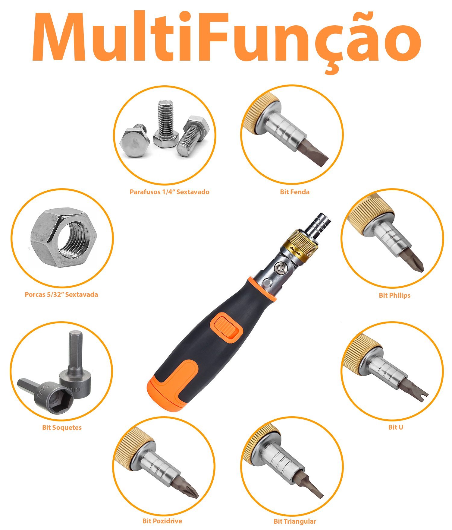 Chave Catraca Reversível Dobrável Com Encaixe 1/4" Magnetico Bits Fenda Philips Torx Hex - 7