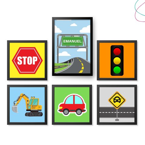 Kit com 6 Quadros Decorativos do Tema Carros: Preta