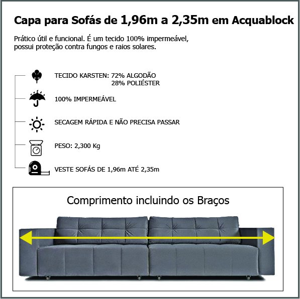 Capa para Sofá Retrátil e Reclinável em Acquablock Impermeável - Veste Sofás de 1,96M até 2,35M - Grafit - 3